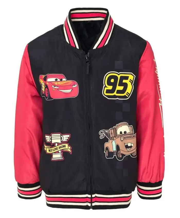 Disney Racer Cars Lightning McQueen Red And Black Fleece Varsity Jacket front view