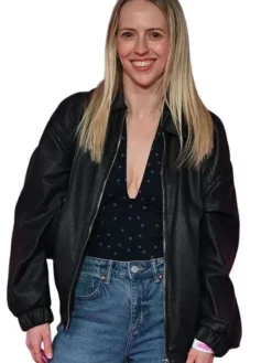 Emily Raine Movie Finding Emily 2026 Angourie Rice Black Leather Bomber Jacket front view