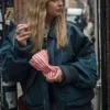 Emily Raine Movie Finding Emily 2026 Angourie Rice Blue Satin Bomber Jacket front view