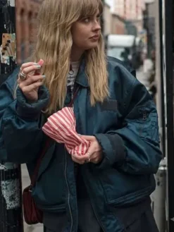 Emily Raine Movie Finding Emily 2026 Angourie Rice Blue Satin Bomber Jacket front view