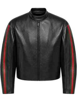 EsDeeKid Gucci Primavera Red And Green Side Strips Black Cafe Racer Leather Jacket front view