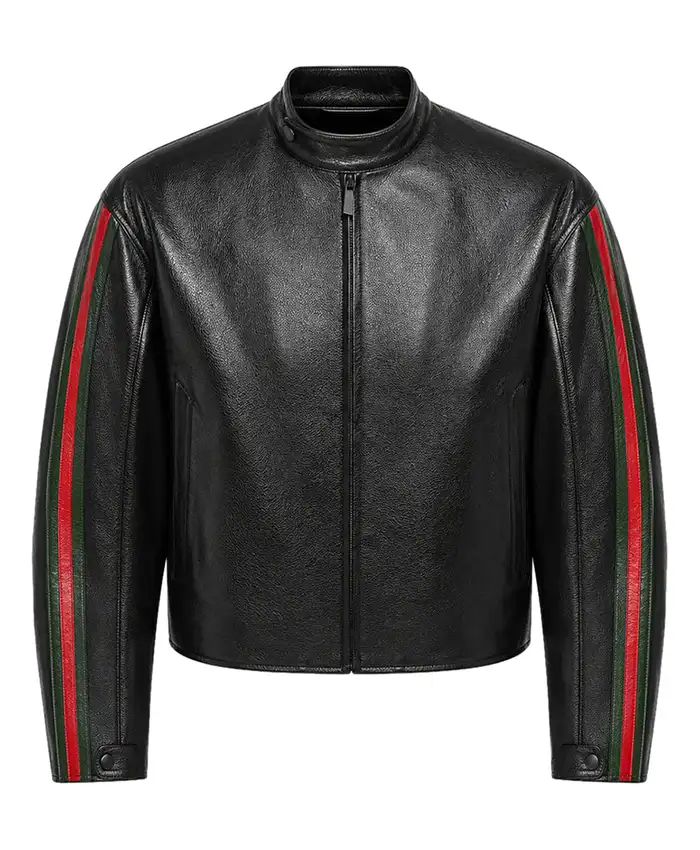 EsDeeKid Gucci Primavera Red And Green Side Strips Black Cafe Racer Leather Jacket front view