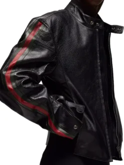 EsDeeKid Gucci Primavera Red And Green Side Strips Black Cafe Racer Leather Jacket side view