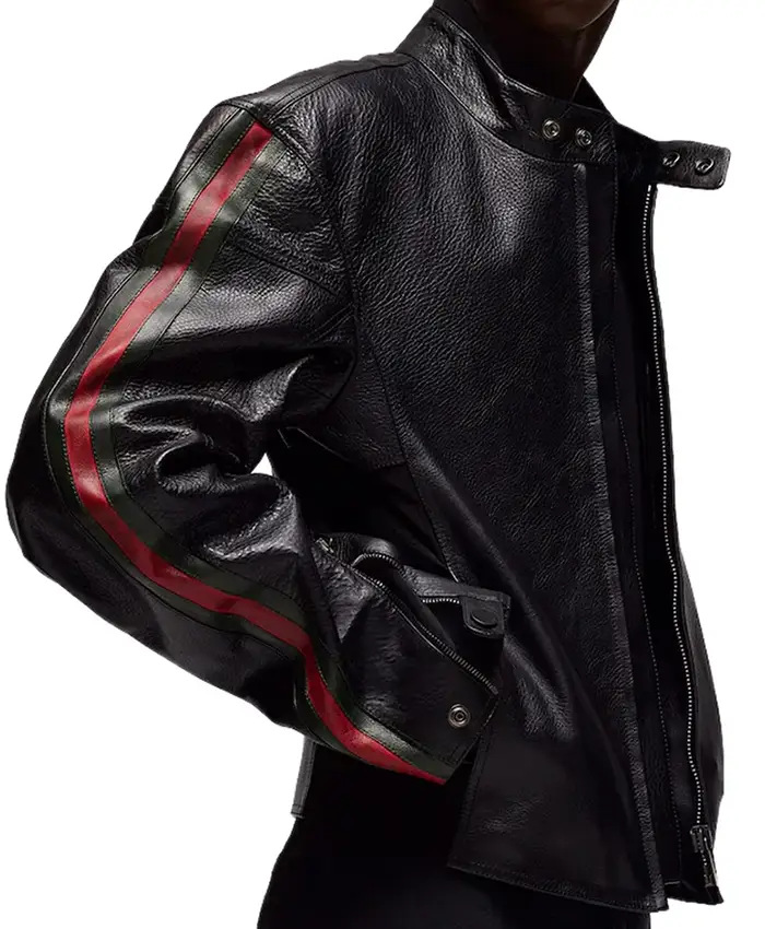 EsDeeKid Gucci Primavera Red And Green Side Strips Black Cafe Racer Leather Jacket side view