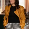 Eva Longoria Only Murders in the Building S04 Brown Leather Coat front view