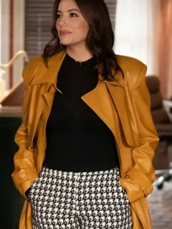Eva Longoria Only Murders in the Building S04 Brown Leather Coat front view
