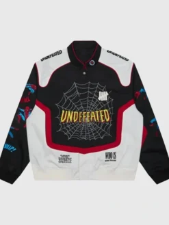 FW26 Undefeated x Spider-Man Black and White Cotton Varsity Jacket front view