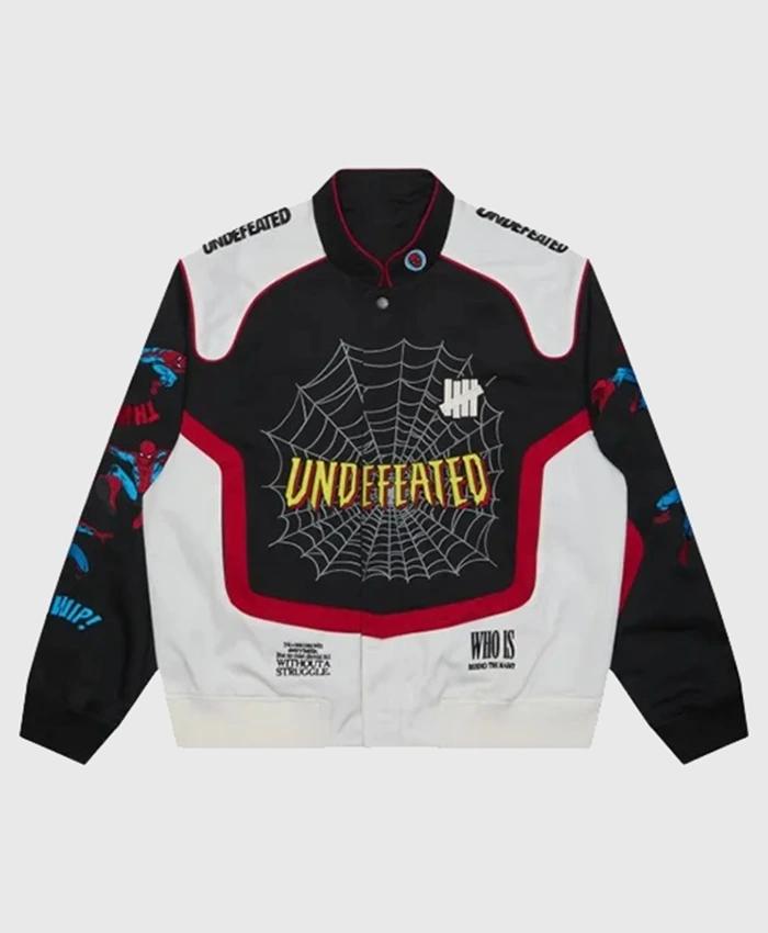 FW26 Undefeated x Spider-Man Black and White Cotton Varsity Jacket front view