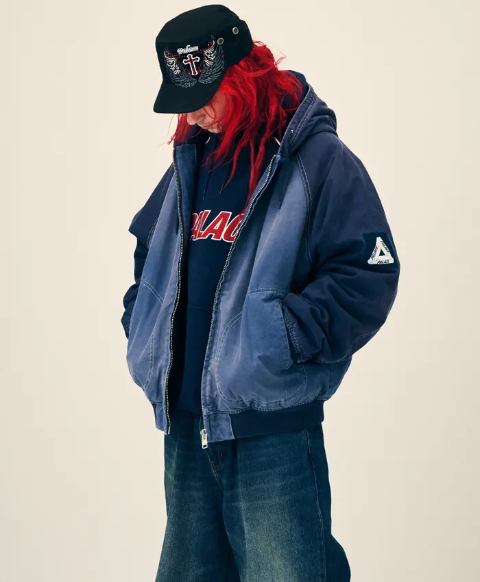 Fall 2026 Palace Skateboards Washed Zip-Up Navy Blue Cotton Hooded Jacket Front View