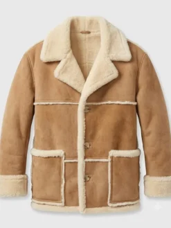 Front view of brown Marlboro Man suede shearling jacket with button closure