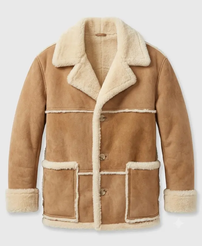 Front view of brown Marlboro Man suede shearling jacket with button closure