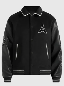 Get Now Mona Lisa Black Wool Blend Varsity Bomber Jacket front view