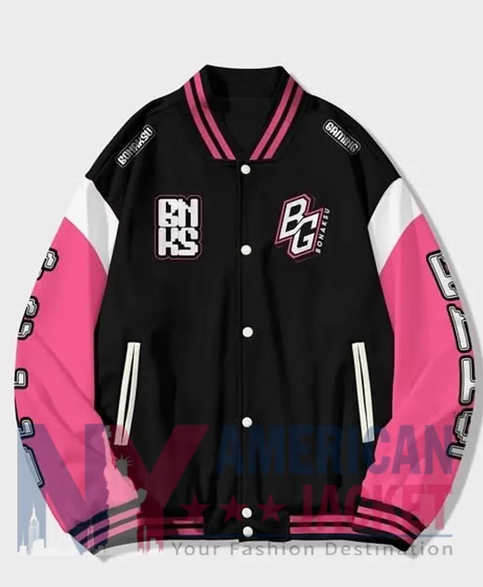 Grab Bonaksu Gaming Black And Pink Fleece Varsity Jacket Front View