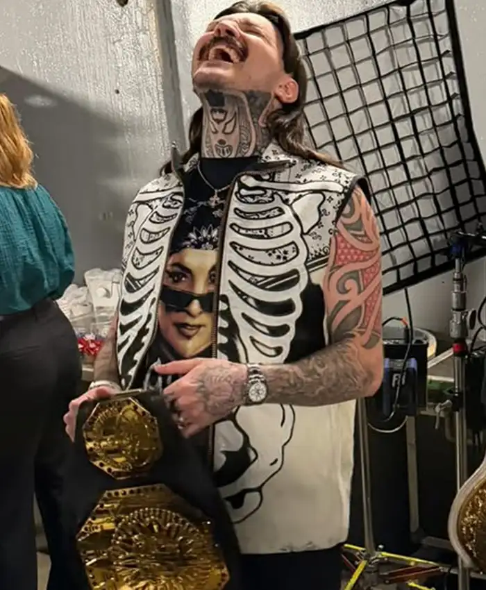 Grab WWE Monday Night RAW Dominik Mysterio White And Black Skeleton Bones Vest side view