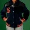 Grab Zedluxe Navy Blue Wool Leather Bomber Jacket Front View