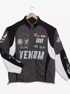 Halloween Marvel Venom Moto Black Cotton Biker Bomber Jacket front view