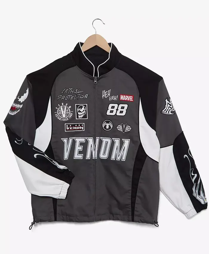 Halloween Marvel Venom Moto Black Cotton Biker Bomber Jacket front view