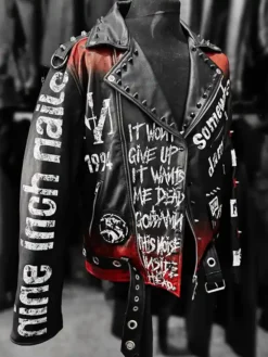Halloween Punk Somewhat Damaged Leather Biker Black Jacket Real Leather and Viscose Lining