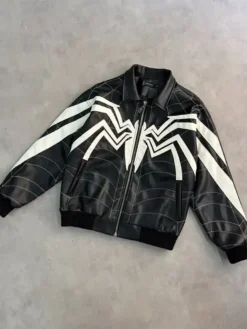 Halloween Purple Place Super Spider Venom Black Leather Jacket Front view