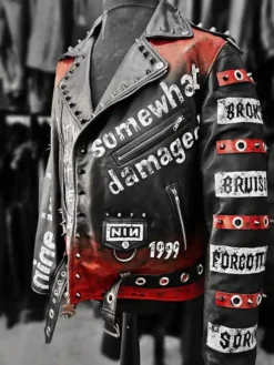 Halloween Somewhat Damaged Punk Biker Black Leather Jacket Genuine Leather and Viscose Lining