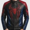 Halloween Spider-Man Black Red Blue Biker Cafe Racer Cosplay Leather Jacket front view