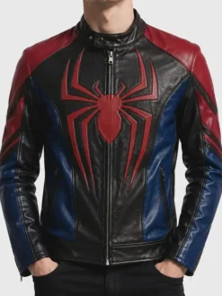 Halloween Spider-Man Black Red Blue Biker Cafe Racer Cosplay Leather Jacket front view