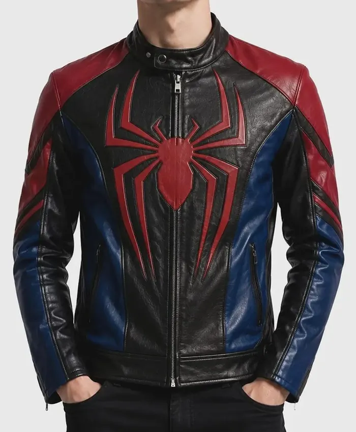 Halloween Spider-Man Black Red Blue Biker Cafe Racer Cosplay Leather Jacket front view
