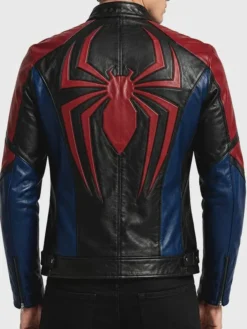 Halloween Spider-Man Cosplay Black Red Blue Biker Cafe Racer Leather Jacket back view