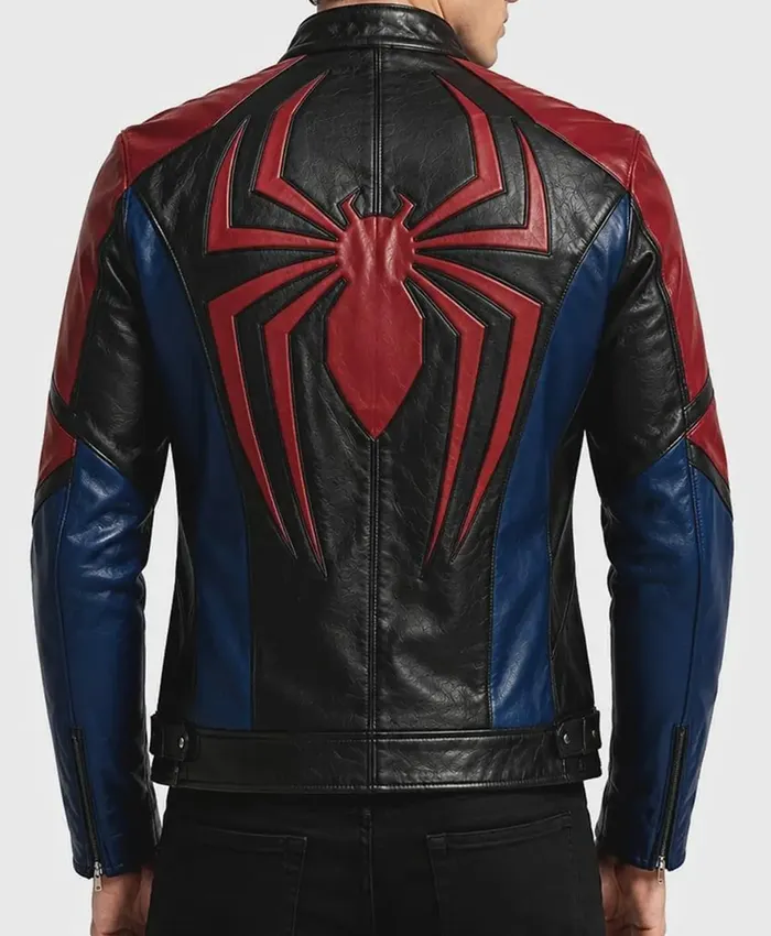 Halloween Spider-Man Cosplay Black Red Blue Biker Cafe Racer Leather Jacket back view