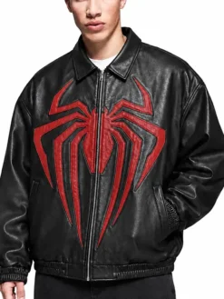 Halloween Spider-Man Inspired Black And Red Oversized Leather Jacket front view