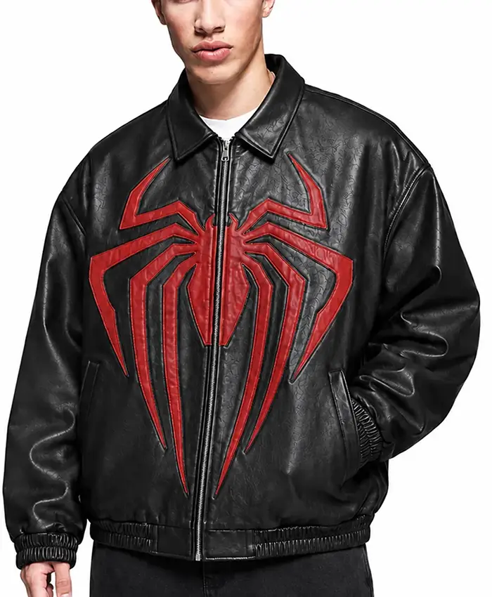 Halloween Spider-Man Inspired Black And Red Oversized Leather Jacket front view