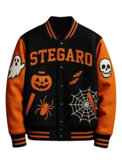 Halloween Stegaro Black And Orange Pumpkin Wool Varsity Jacket front view