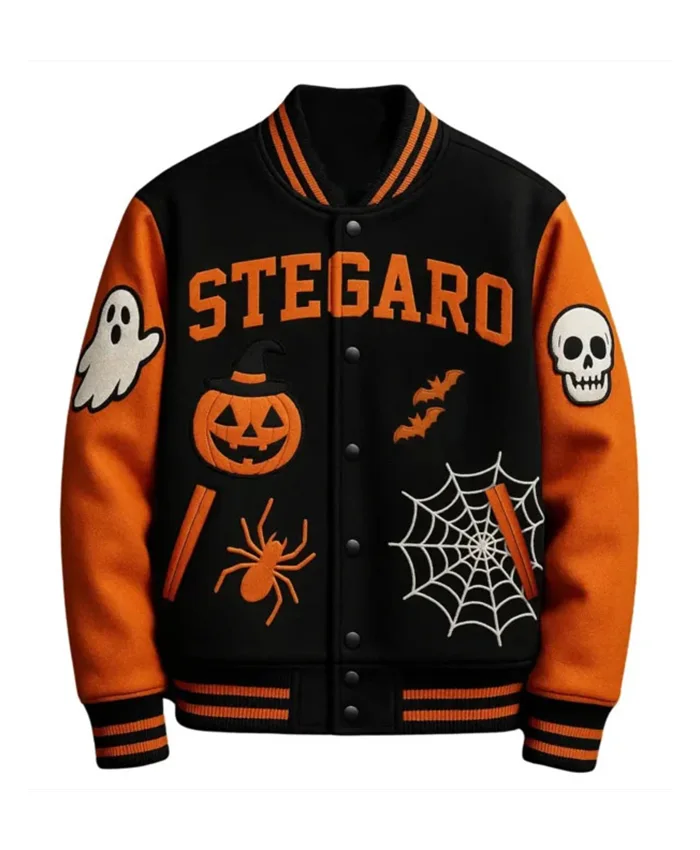 Halloween Stegaro Black And Orange Pumpkin Wool Varsity Jacket front view