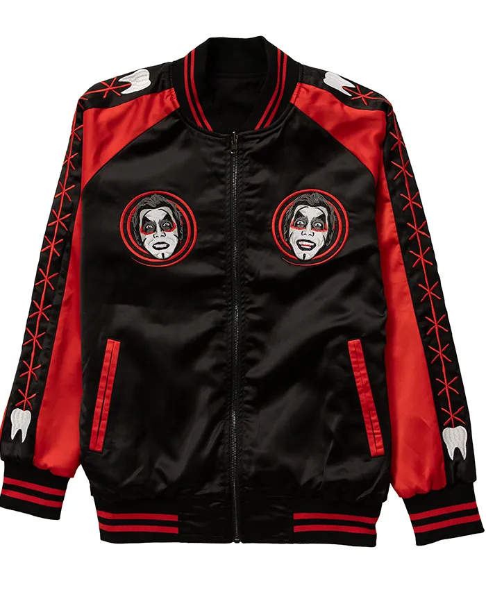 Halloween WWE Danhausen 2026 Black And Red Full-Zip Satin Jacket front view