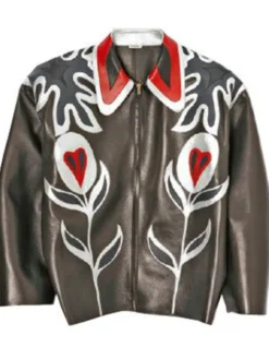 Harry Styles Custom Appliqué Patches White And Teal Floral Miu Miu Leather Jacket front view