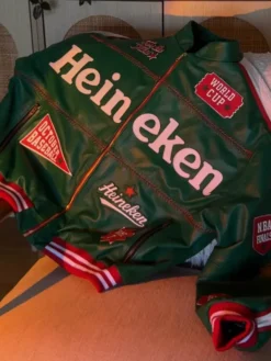 Heineken Cheers To The Fans Green Leather Bomber Jacket front view design