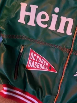 Heineken Inspired Green Leather Jacket featuring premium leather finish and stylish bomber design