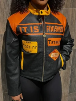 Jaedyn-Shaw-It-Is-Finished-Black-and-Orange-Leather-Racer-Leather-Jacket