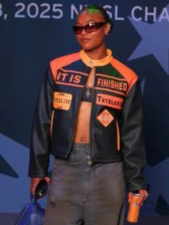 Jaedyn-Shaw-It-Is-Finished-Black-and-Orange-Leather-Racer-Leather-Jacket-Front