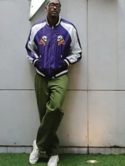 Jalen Williams A Bathing Ape Purple And White Satin Souvenir Skull Bomber Jacket front view