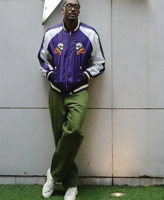 Jalen Williams A Bathing Ape Purple And White Satin Souvenir Skull Bomber Jacket front view