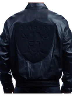 Jeff Hamilton NFL Las Vegas Raiders Black Lambskin Leather Tonal Varsity Jacket back view