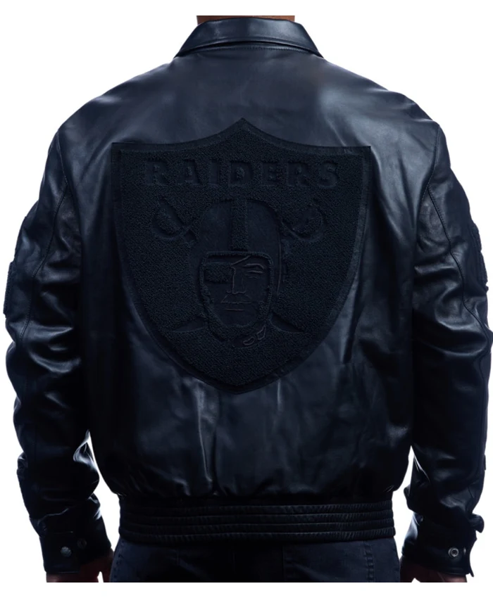 Jeff Hamilton NFL Las Vegas Raiders Black Lambskin Leather Tonal Varsity Jacket back view