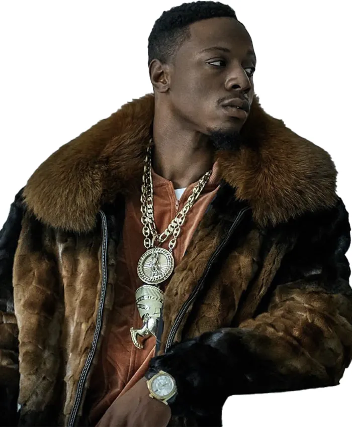 Joey Bada$$ Power Book III Raising Kanan S03 Brown Fur Bomber Jacket view
