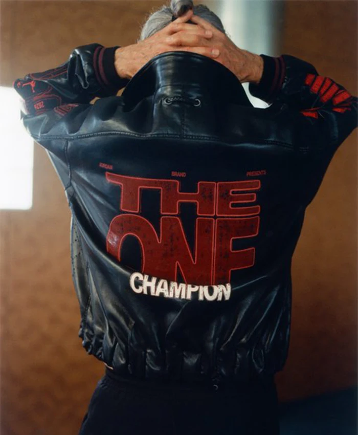 Jordan-The-One-Global-Finals-Championship-Tailored-by-Namesake-Black-Leather-Patches-Bomber-Jacket-Back-View