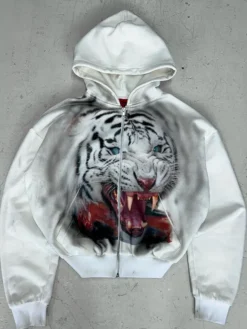 Kanye West LA MASKARADE Tiger White Fleece Zip Hooded Jacket front view