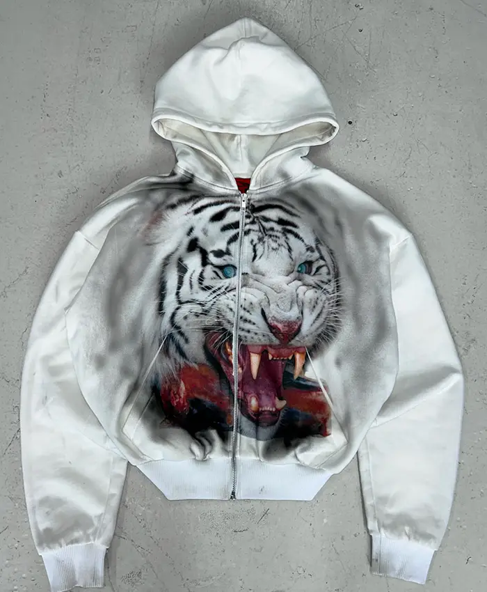 Kanye West LA MASKARADE Tiger White Fleece Zip Hooded Jacket front view