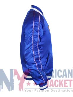 Katy Perry Blue Satin Bomber Jacket with full sleeves, rib-knitted cuffs, and stylish celebrity-inspired look