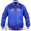 Katy Perry Blue Tiger Logo Satin Bomber Jacket front view with rib-knitted collar and zipper closure