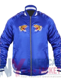 Katy Perry Blue Tiger Logo Satin Bomber Jacket front view with rib-knitted collar and zipper closure